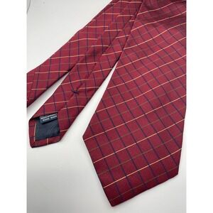Faconnable Mens Silk Tie Burgundy Gold Navy Blue Windowpane Check Made in France